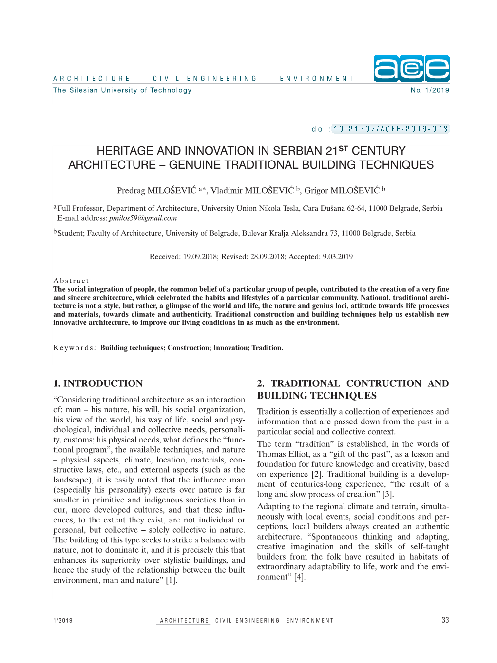 HERITAGE and INNOVATION in SERBIAN 21ST CENTURY ARCHITECTURE – GENUINE TRADITIONAL BUILDING TECHNIQUES a E