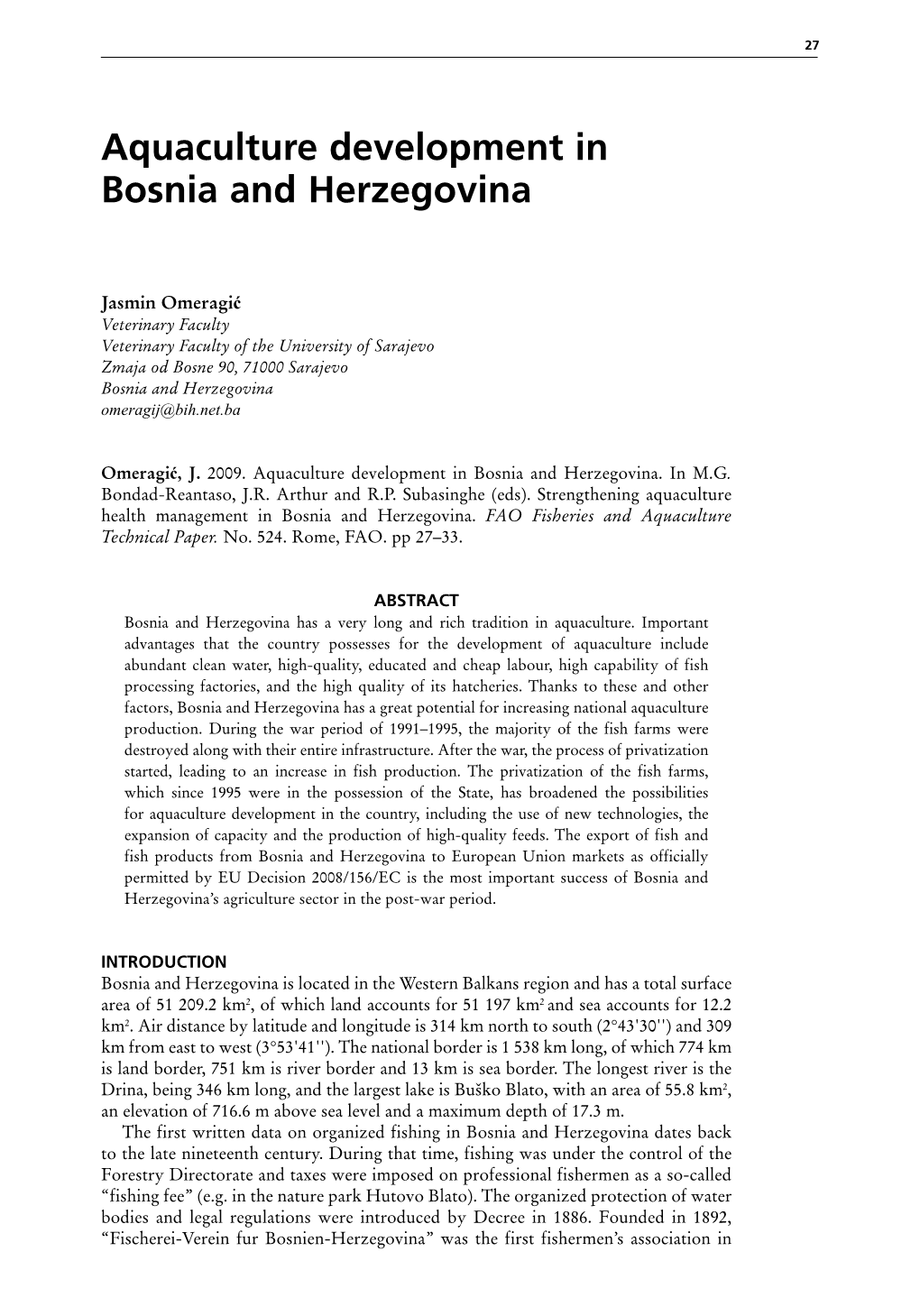 Aquaculture Development in Bosnia and Herzegovina