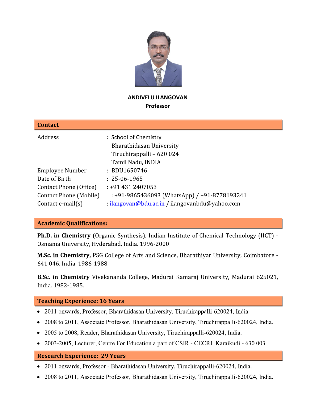 ANDIVELU ILANGOVAN Professor Contact Address