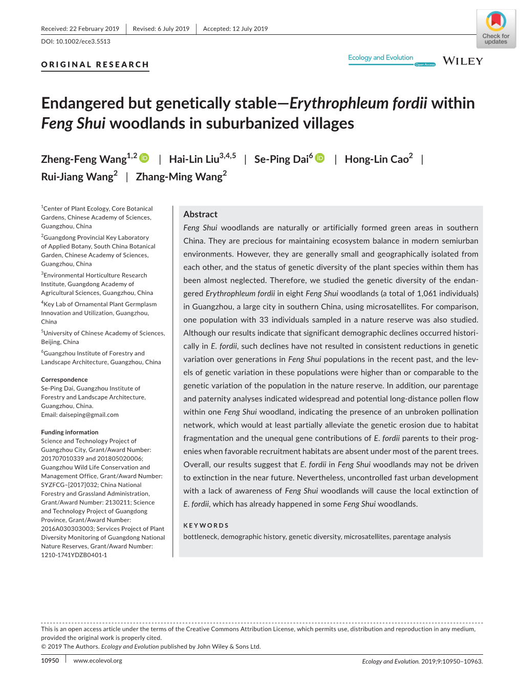Endangered but Genetically Stable—Erythrophleum Fordii Within Feng Shui Woodlands in Suburbanized Villages