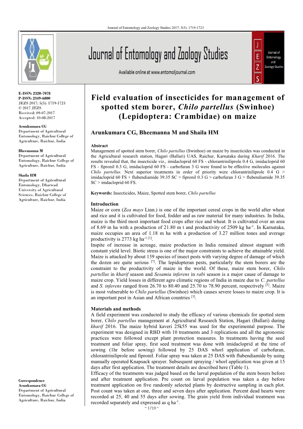 Field Evaluation of Insecticides for Management of Spotted Stem Borer