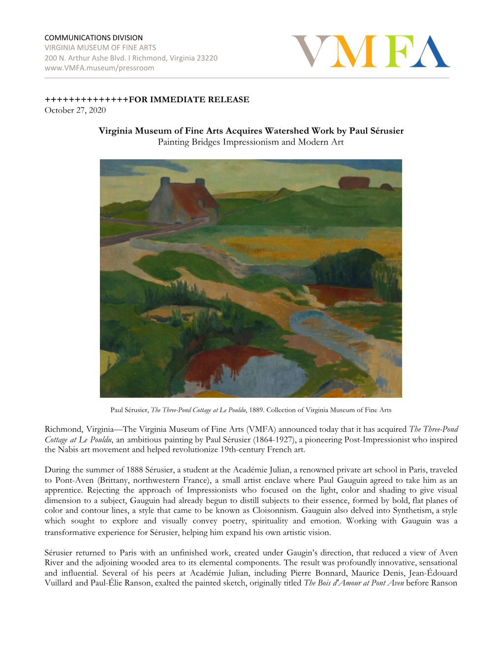 Virginia Museum of Fine Arts Acquires Watershed Work by Paul Sérusier Painting Bridges Impressionism and Modern Art