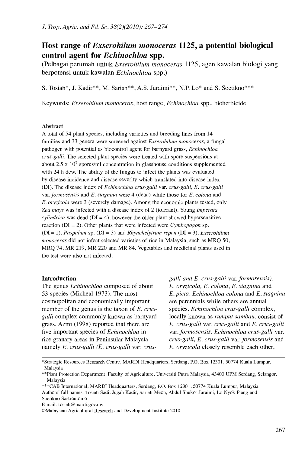 Control Agent for Echinochloa Spp. (Pelbagai Perumah Untuk Exserohilum Monoceras 1125, Agen Kawalan Biologi Yang Berpotensi Untuk Kawalan Echinochloa Spp.)