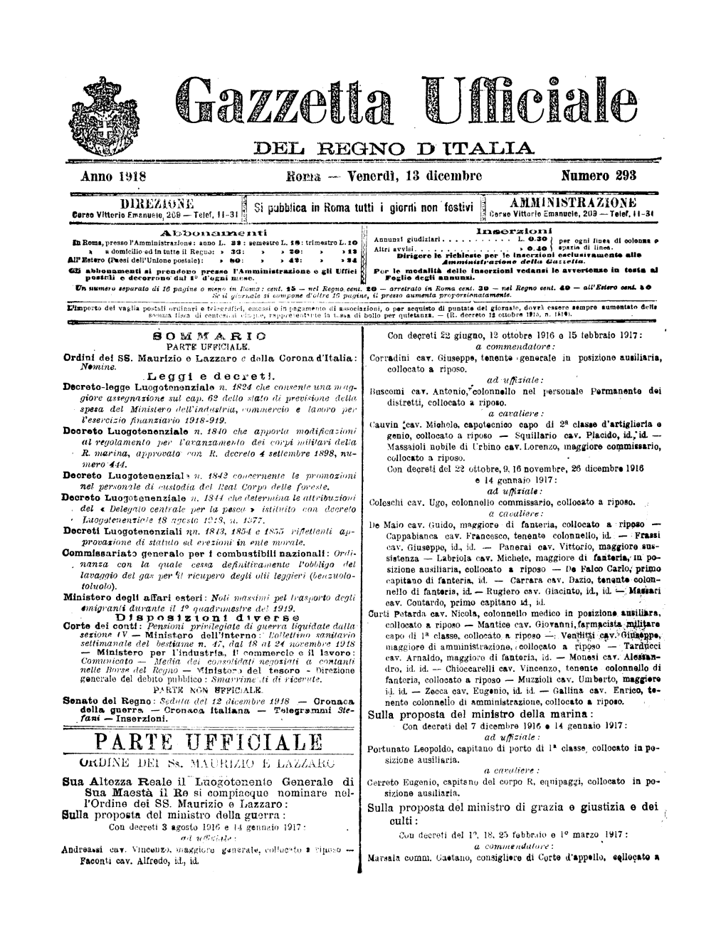 Gazzetta Ufficiale Del Regno D'italia N. 293 Del 13 Dicembre 1918 Parte Ufficiale E Parte Non Ufficiale