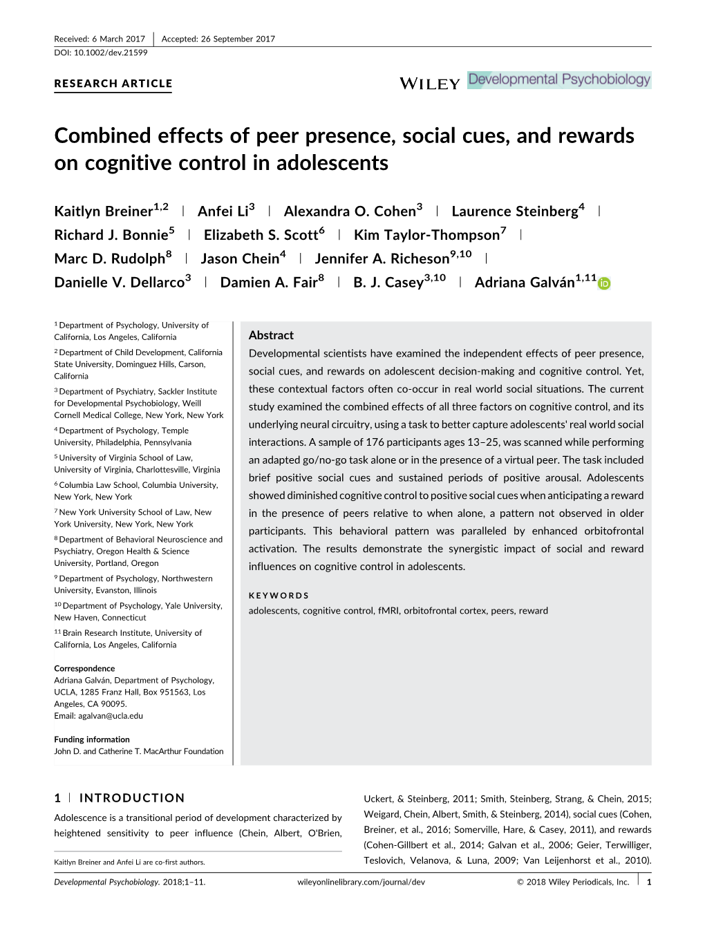 Combined Effects of Peer Presence, Social Cues, and Rewards on Cognitive Control in Adolescents