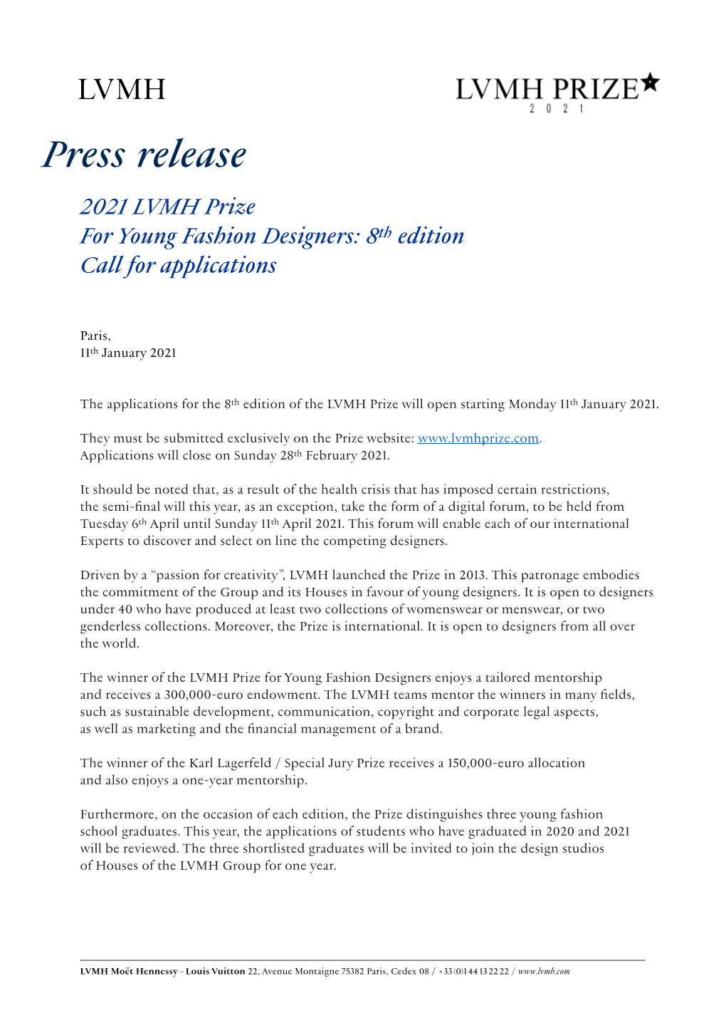 Press Release 2021 LVMH Prize for Young Fashion Designers: 8Th Edition Call for Applications