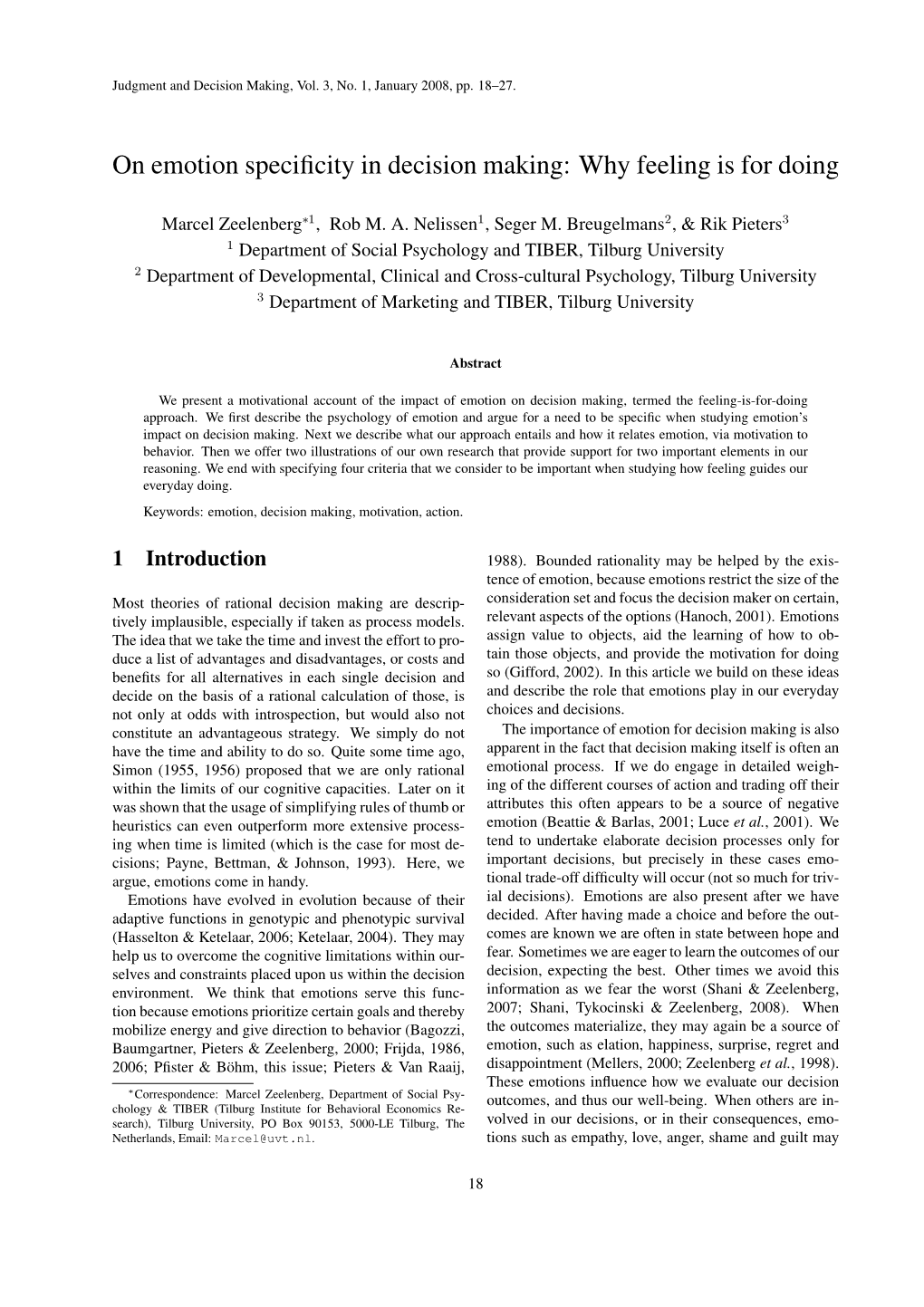 On Emotion Specificity in Decision Making