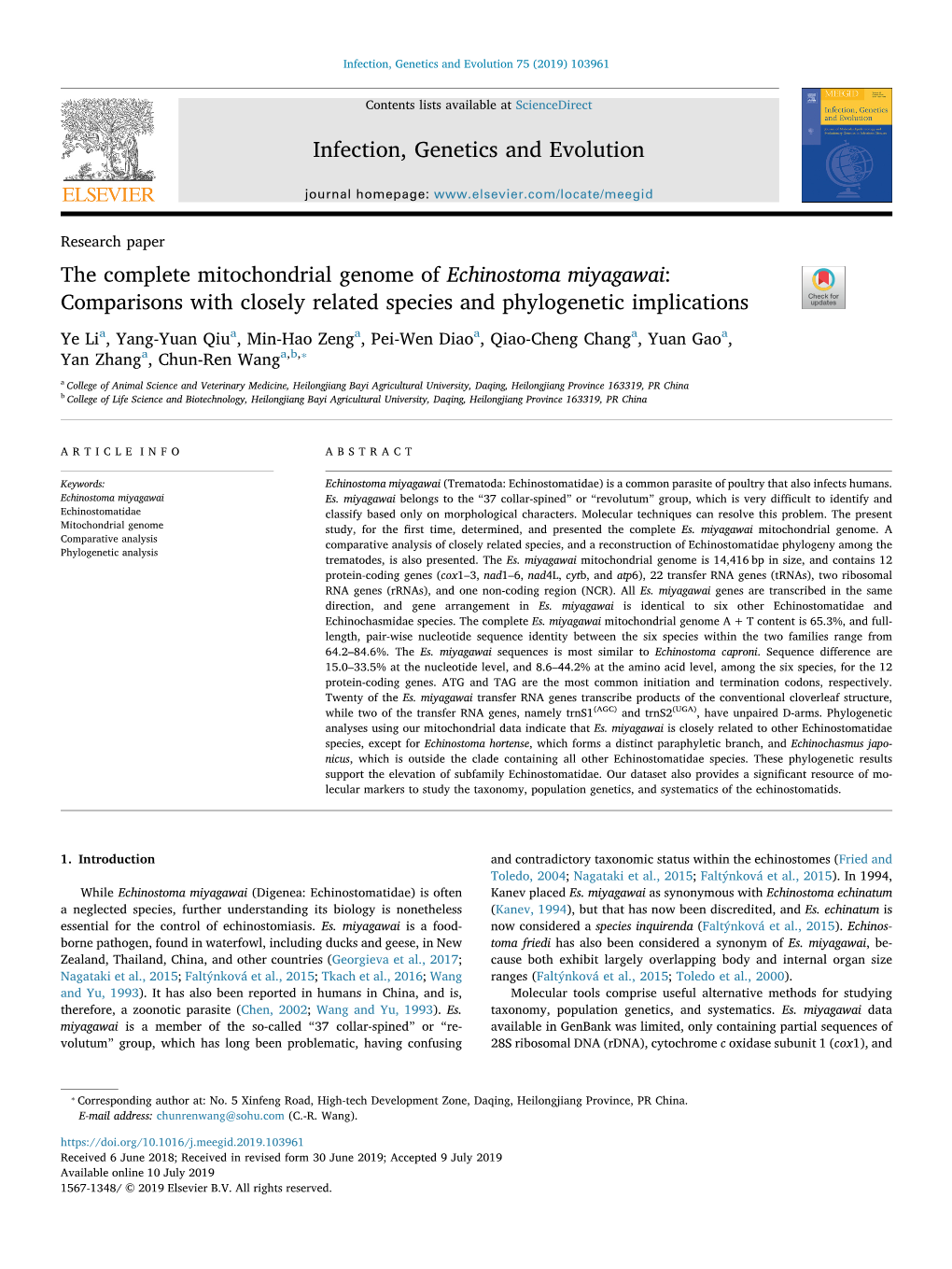 The Complete Mitochondrial Genome of Echinostoma Miyagawai