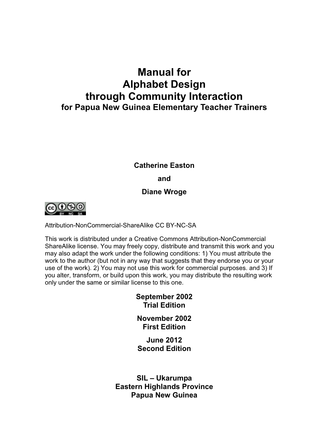 Manual for Alphabet Design Through Community Interaction for Papua New Guinea Elementary Teacher Trainers