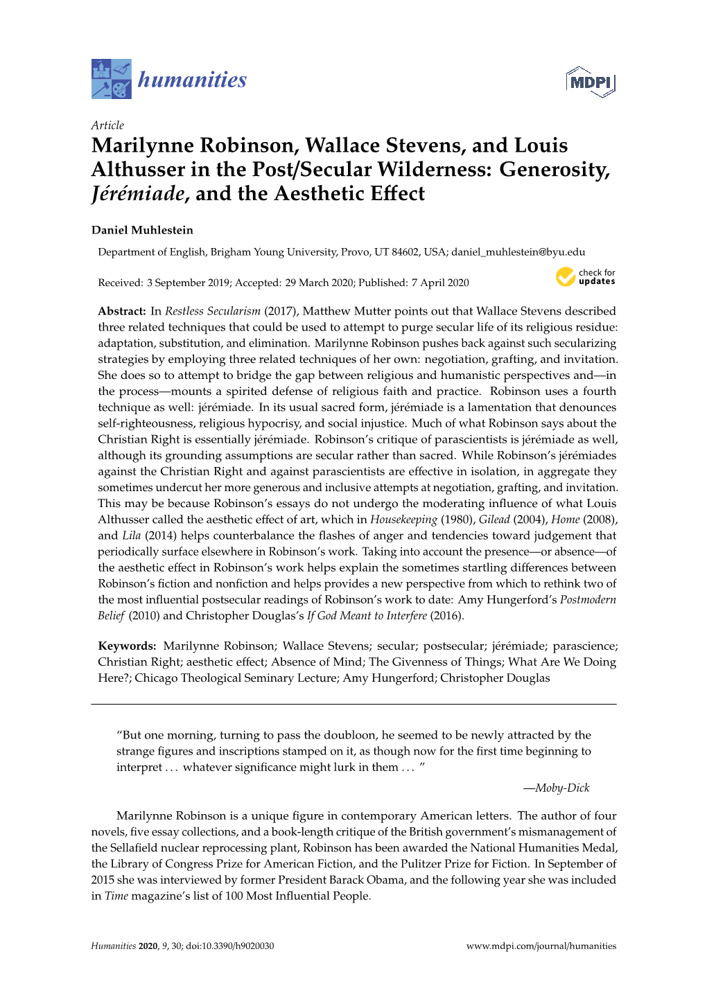 Marilynne Robinson, Wallace Stevens, and Louis Althusser in the Post/Secular Wilderness: Generosity, Jérémiade, and the Aesthetic Eﬀect