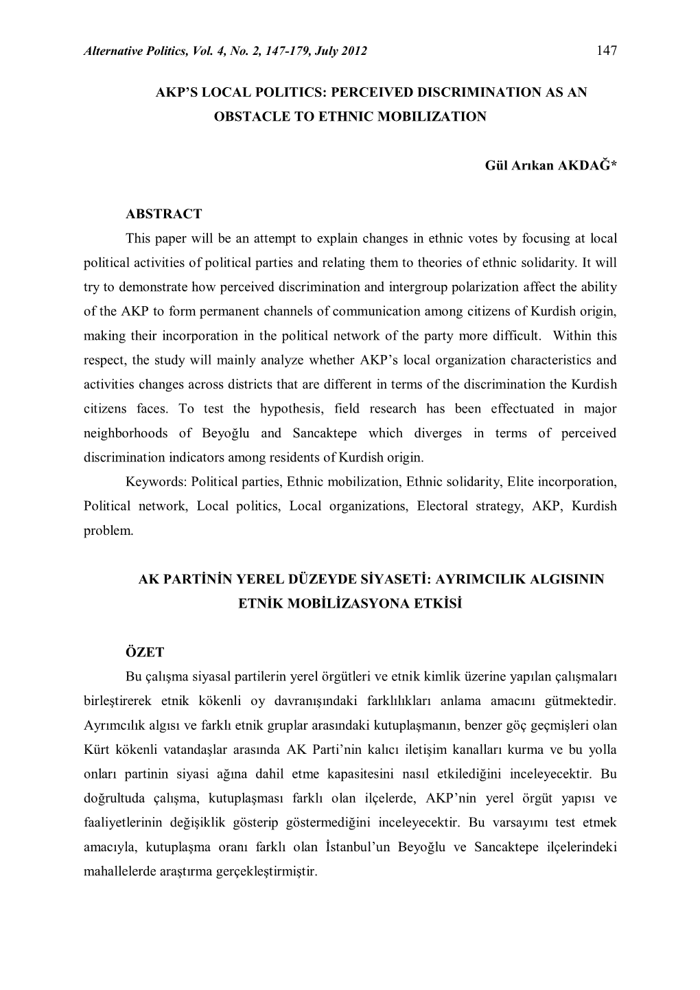 147 Akp's Local Politics: Perceived Discrimination As