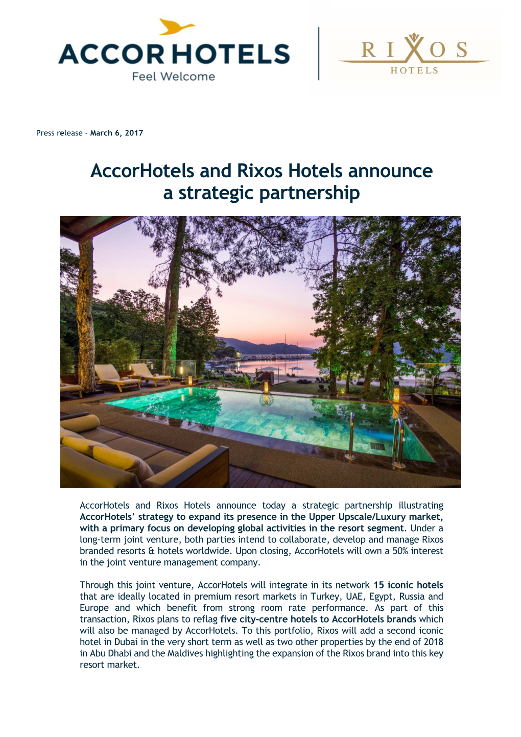 Accorhotels and Rixos Hotels Announce a Strategic Partnership