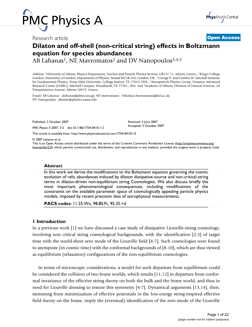 Dilaton and Off-Shell (Non-Critical String) Effects in Boltzmann Equation for Species Abundances AB Lahanas1, NE Mavromatos2 and DV Nanopoulos3,4,5