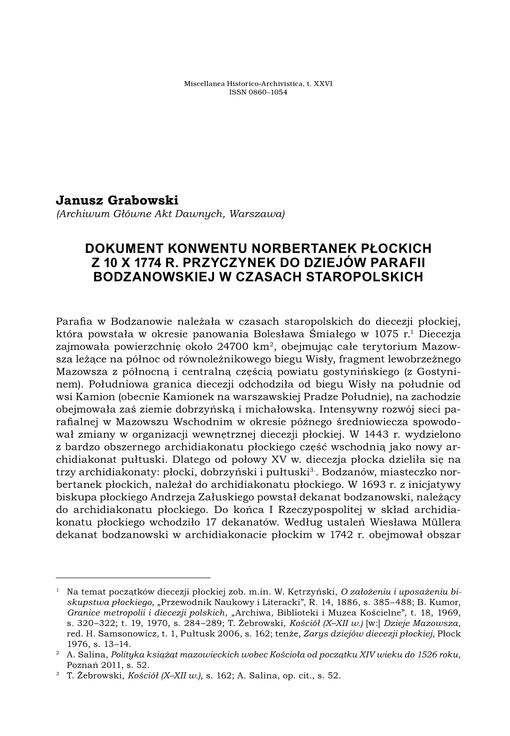 Janusz Grabowski DOKUMENT KONWENTU NORBERTANEK PŁOCKICH Z 10 X 1774 R. PRZYCZYNEK DO DZIEJÓW PARAFII BODZANOWSKIEJ W CZASACH S