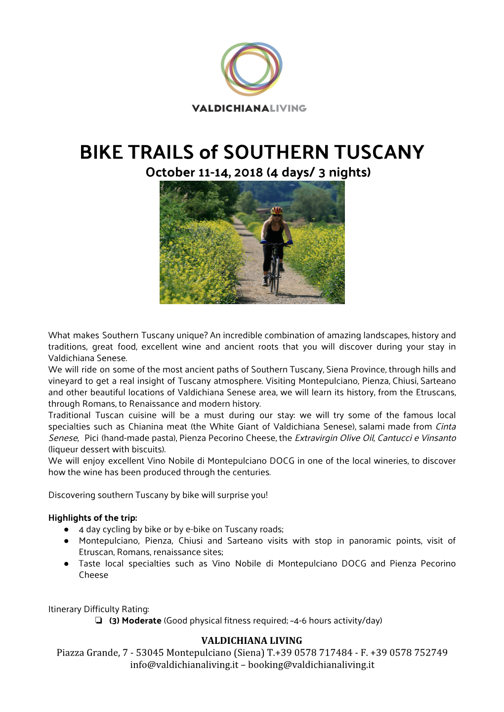 BIKE TRAILS of SOUTHERN TUSCANY October 11-14, 2018 (4 Days/ 3 Nights)