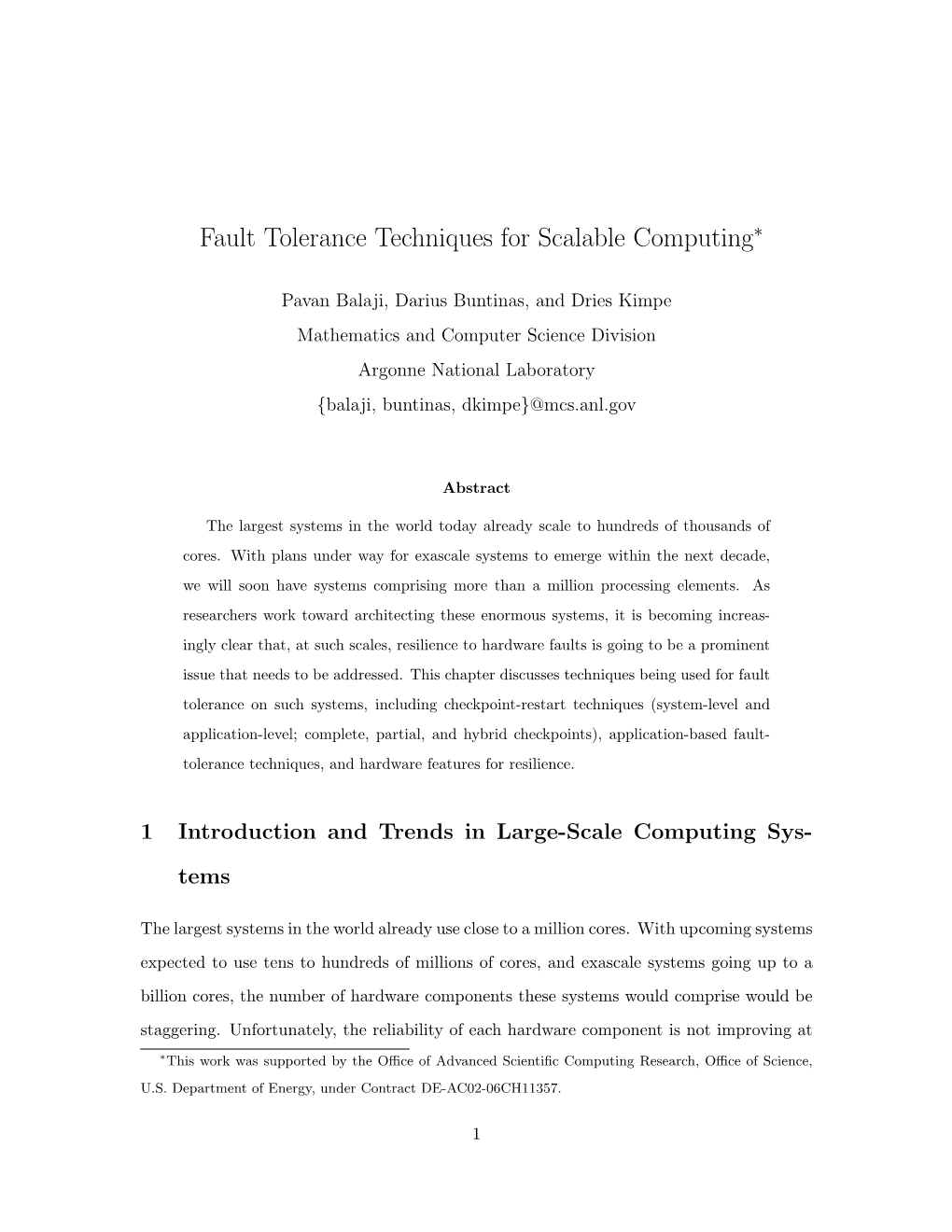 Fault Tolerance Techniques for Scalable Computing∗