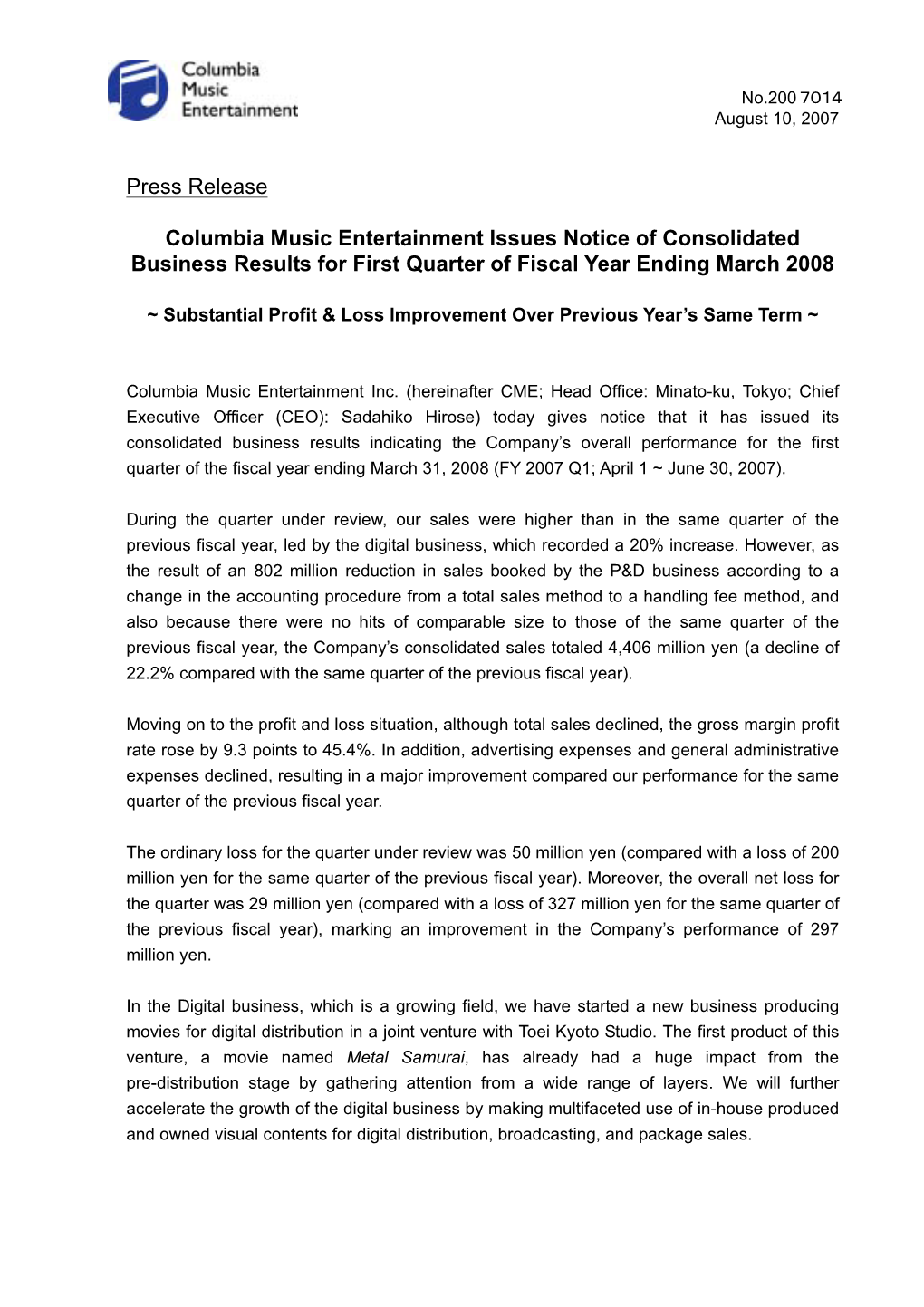 Press Release Columbia Music Entertainment Issues Notice Of