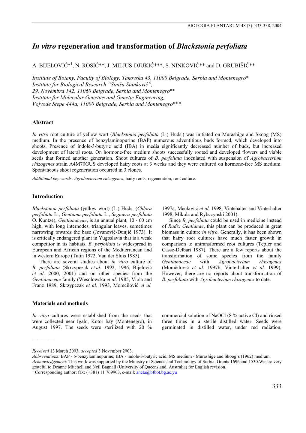 In Vitro Regeneration and Transformation of Blackstonia Perfoliata