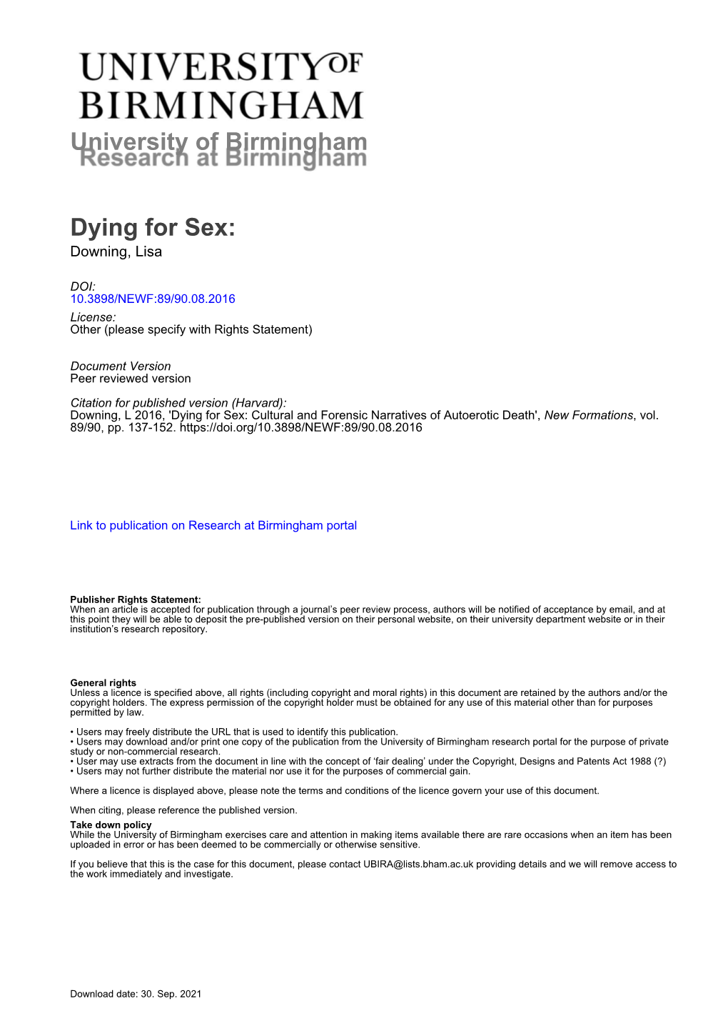 University of Birmingham Dying for Sex