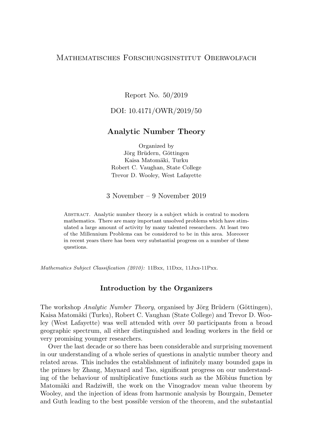 Mathematisches Forschungsinstitut Oberwolfach Analytic Number Theory