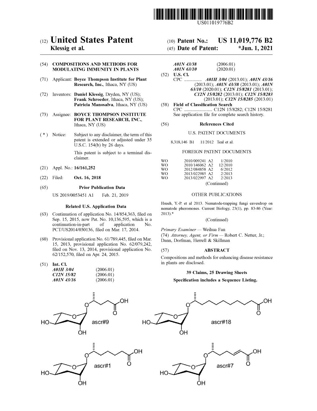 ( 12 ) United States Patent ( 10 ) Patent No .: US 11,019,776 B2 Klessig Et Al