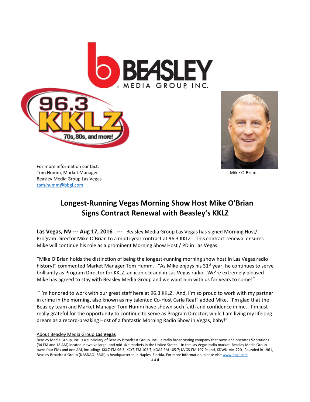 Longest-Running Vegas Morning Show Host Mike O'brian Signs Contract Renewal with Beasley's KKLZ