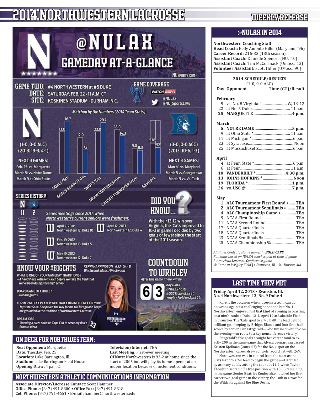 2014 Northwestern Lacrosse Weekly Release