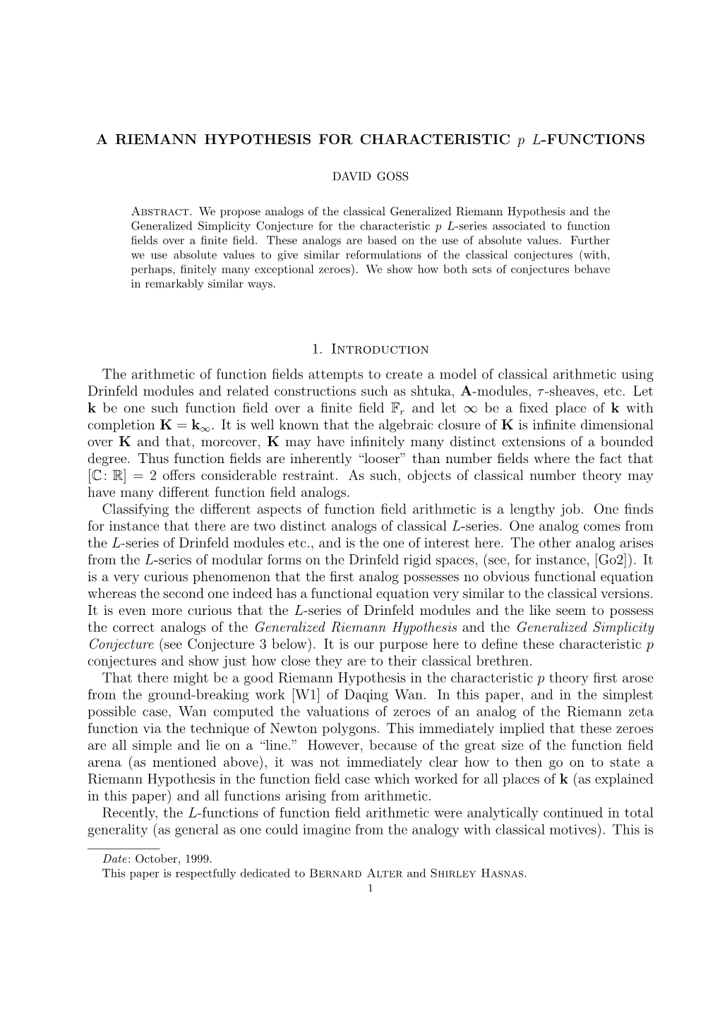 A RIEMANN HYPOTHESIS for CHARACTERISTIC P L-FUNCTIONS