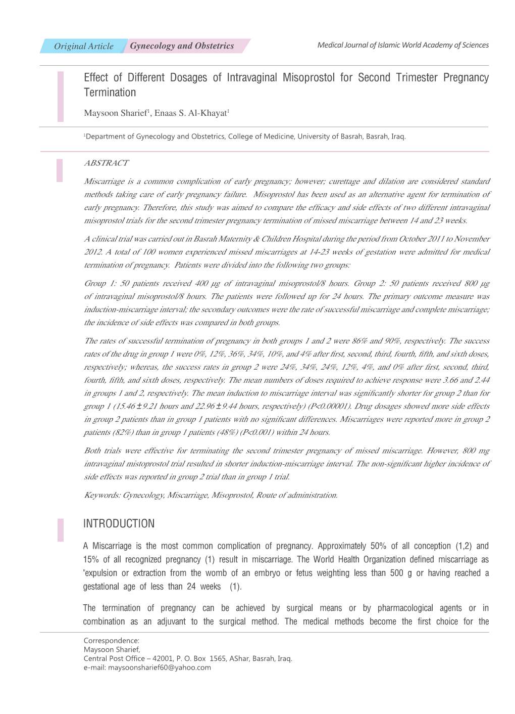 INTRODUCTION Effect of Different Dosages of Intravaginal Misoprostol