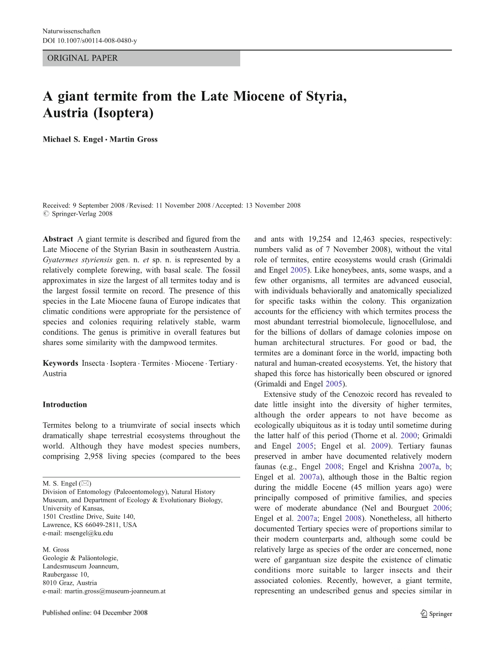 A Giant Termite from the Late Miocene of Styria, Austria (Isoptera)