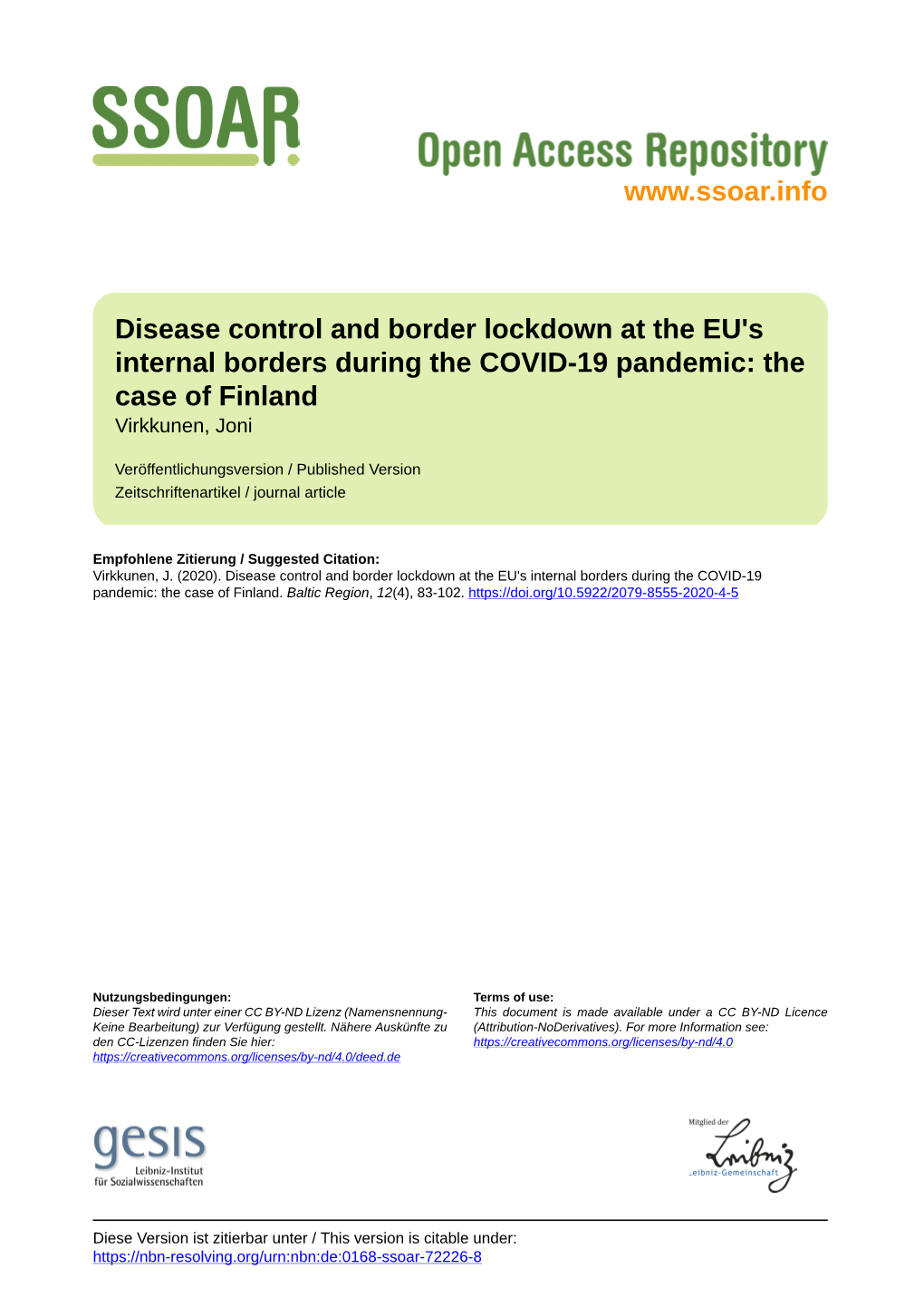 Disease Control and Border Lockdown at the EU's Internal Borders During the COVID-19 Pandemic: the Case of Finland Virkkunen, Joni