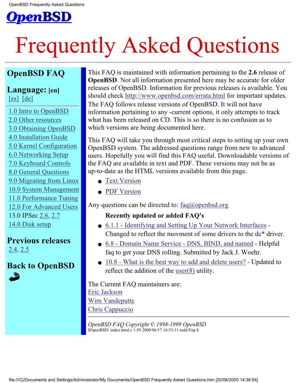 1.0 Intro to Openbsd Information Pertaining to Any -Current Options, It Only Attempts to Track 2.0 Other Resources What Has Been Released on CD