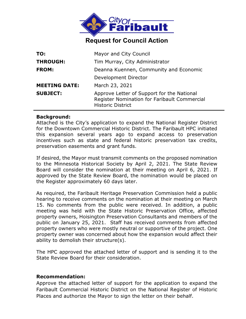 4K. Approve Letter of Support for National Register