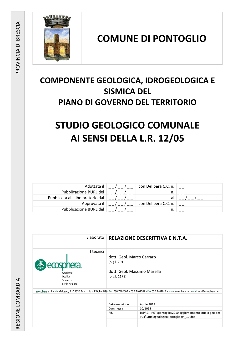 Comune Di Pontoglio Studio Geologico Comunale Ai Sensi Della L.R. 12/05