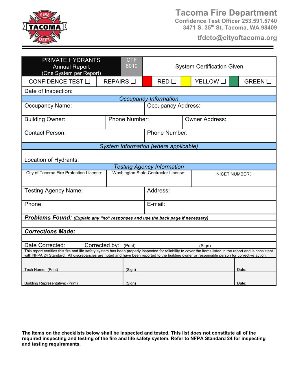 PRIVATE HYDRANTS Annual Report (One System Per Report)