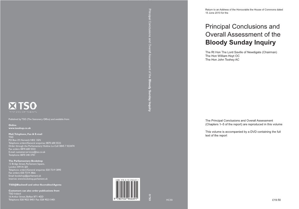 Conclusions and Overall Assessment of the Bloody Sunday Inquiry Return to an Address of the Honourable the House of Commons Dated 15 June 2010 for The