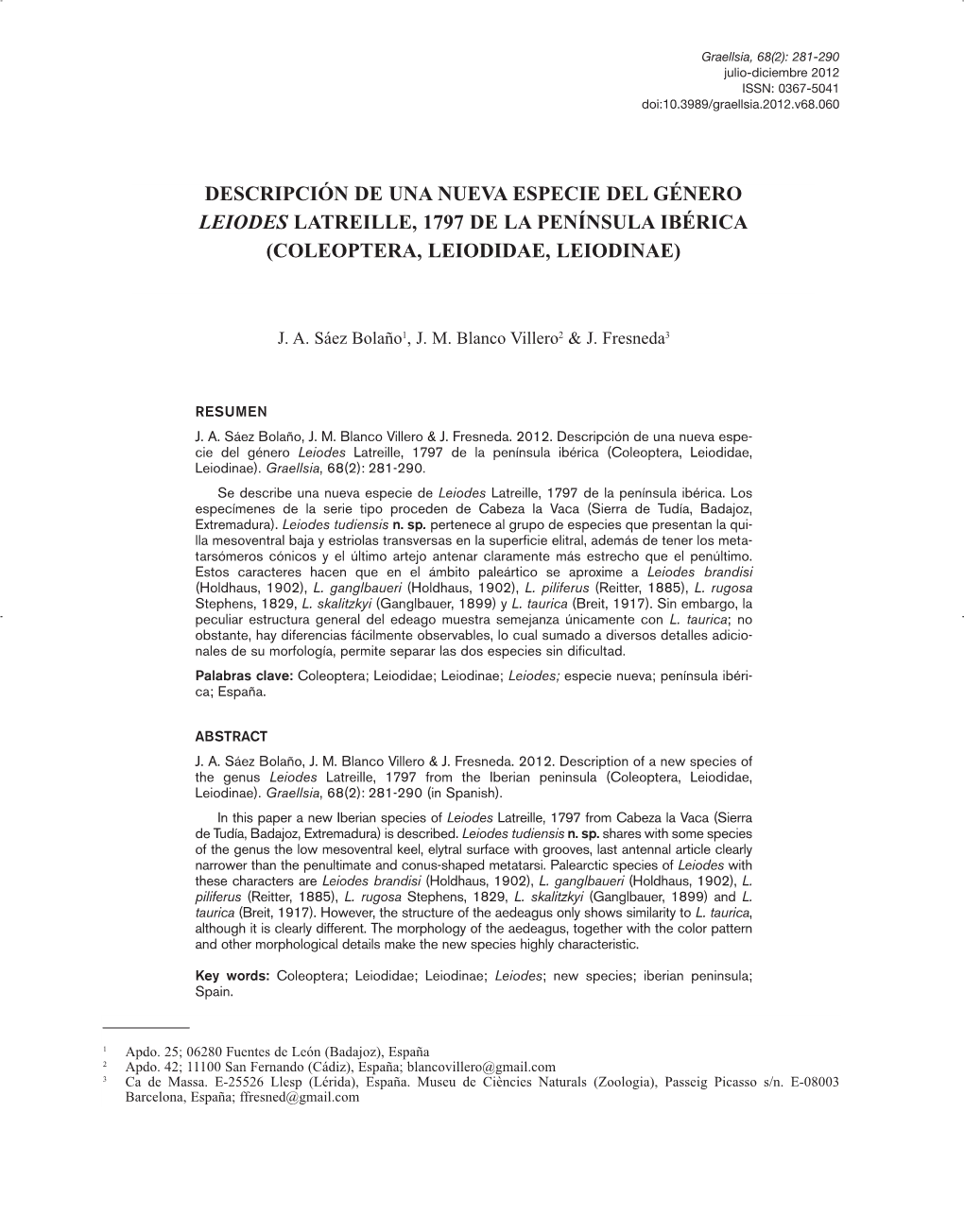 Description of a New Species of the Genus Leiodes Latreille, 1797 from the Iberian Peninsula (Coleoptera, Leiodidae, Leiodinae)