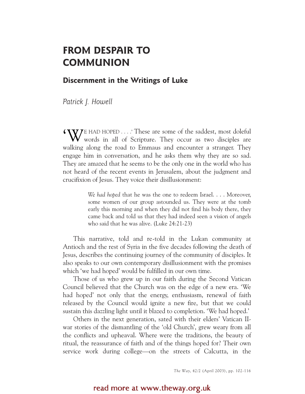 From Despair to Communion: Discernment in the Writings of Luke