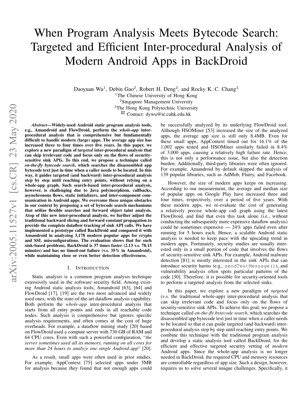 When Program Analysis Meets Bytecode Search: Targeted and Efﬁcient Inter-Procedural Analysis of Modern Android Apps in Backdroid