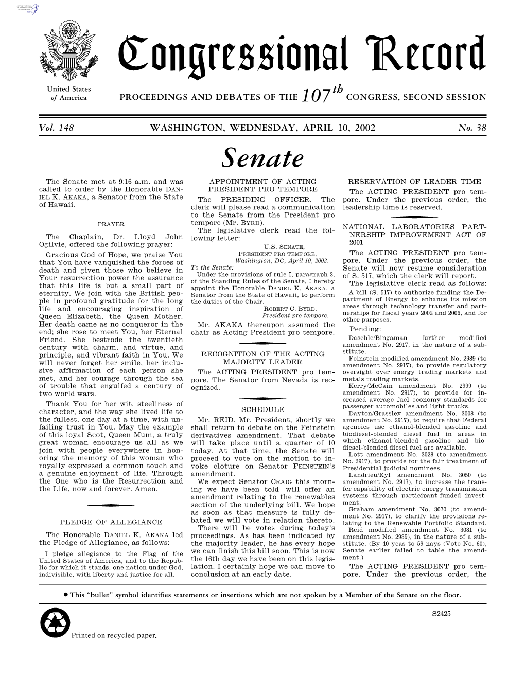 Congressional Record United States Th of America PROCEEDINGS and DEBATES of the 107 CONGRESS, SECOND SESSION