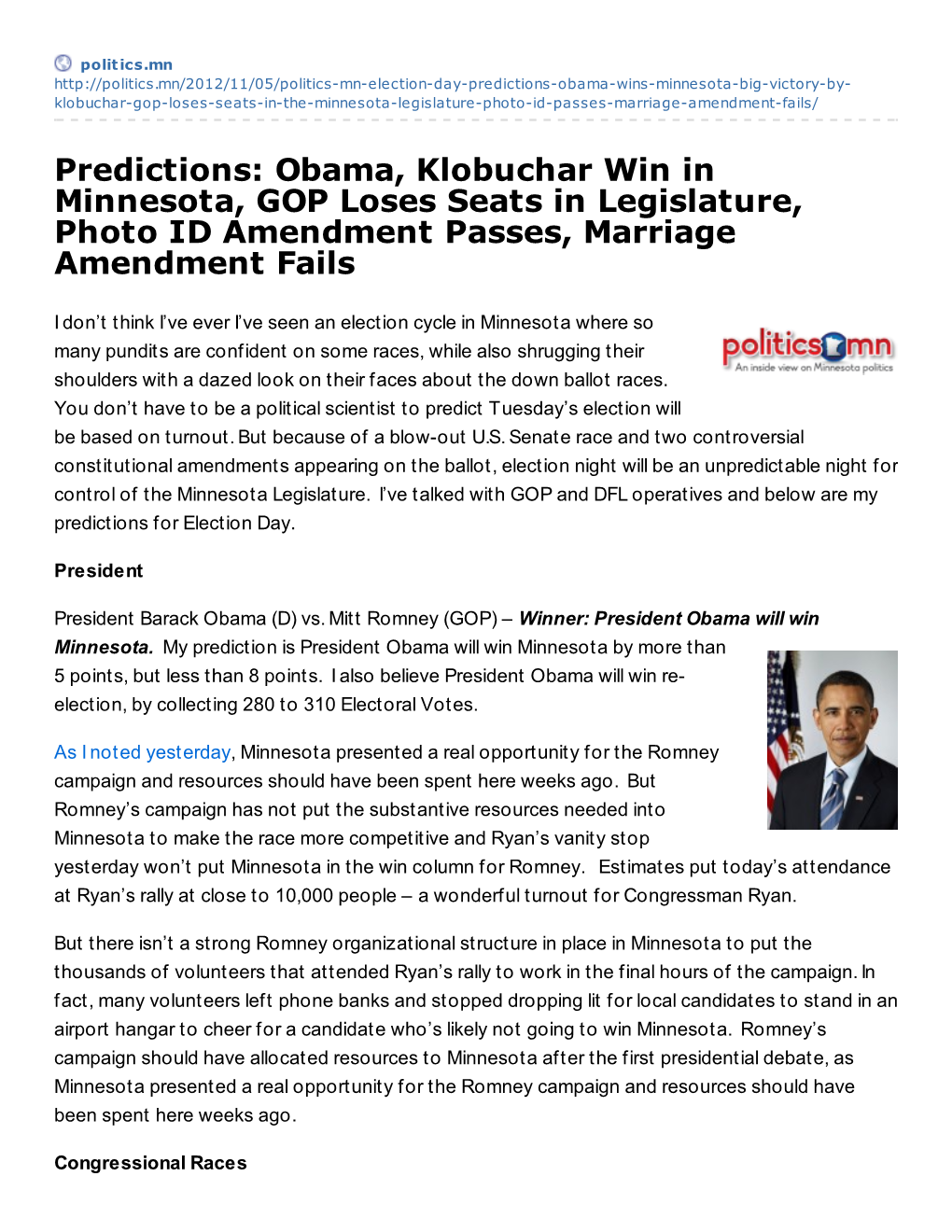 Obama, Klobuchar Win in Minnesota, GOP Loses Seats in Legislature, Photo ID Amendment Passes, Marriage Amendment Fails