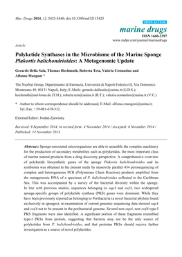 Polyketide Synthases in the Microbiome of the Marine Sponge Plakortis Halichondrioides: a Metagenomic Update