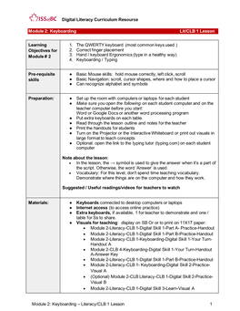 Module 2: Keyboarding – Literacy/CLB 1 Lesson 1 Digital Literacy Curriculum Resource Module 2: Keyboarding Lit/CLB