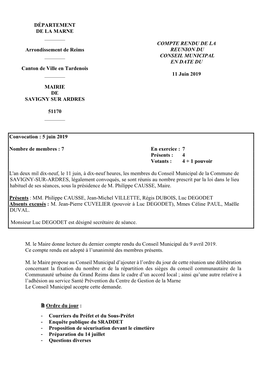 DÉPARTEMENT DE LA MARNE Arrondissement De Reims Canton De Ville En Tardenois MAIRIE DE SAVIGNY SUR ARDRES 51170 COMPTE RENDU DE