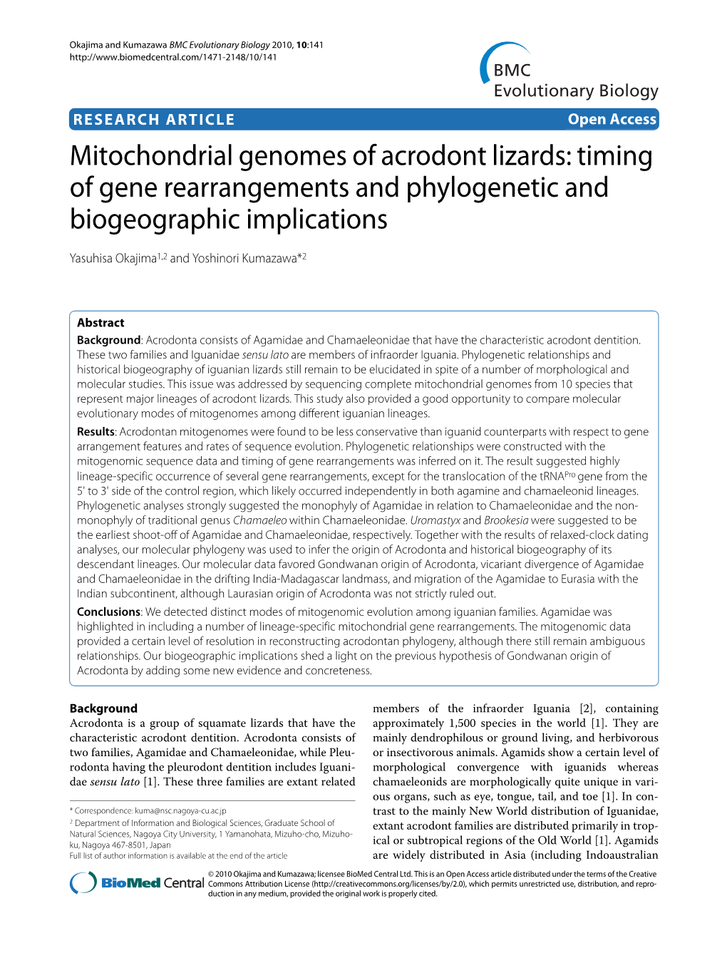 Mitochondrial Genomes of Acrodont Lizards: Timing of Gene Rearrangements and Phylogenetic and Biogeographic Implications