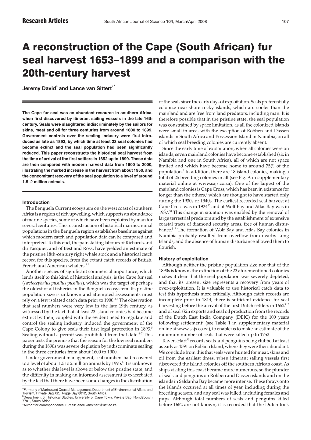 A Reconstruction of the Cape (South African) Fur Seal Harvest 1653–1899 and a Comparison with the 20Th-Century Harvest