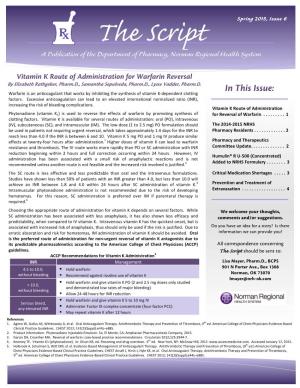 Spring 2015, Issue 6 a Publication of the Department of Pharmacy, Norman Regional Health System