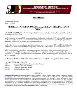 Press Release Redskins Name Ben Jacobs As Assistant