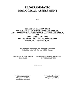 Programmatic Biological Assessment of Bureau of Reclamation's Water and River Maintenance Operations, Army Corps of Engineers