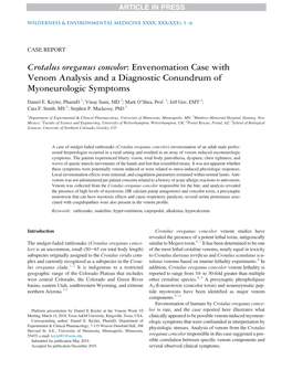 Crotalus Oreganus Concolor: Envenomation Case with Venom Analysis and a Diagnostic Conundrum of Myoneurologic Symptoms